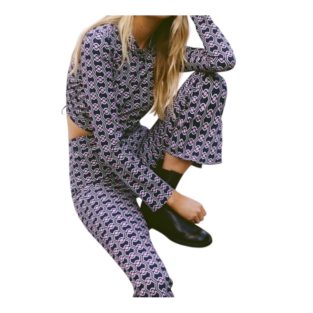 Zara Kick Flare Crop Pants Purple Geometric‎ Print Retro Style Extra Large XL
